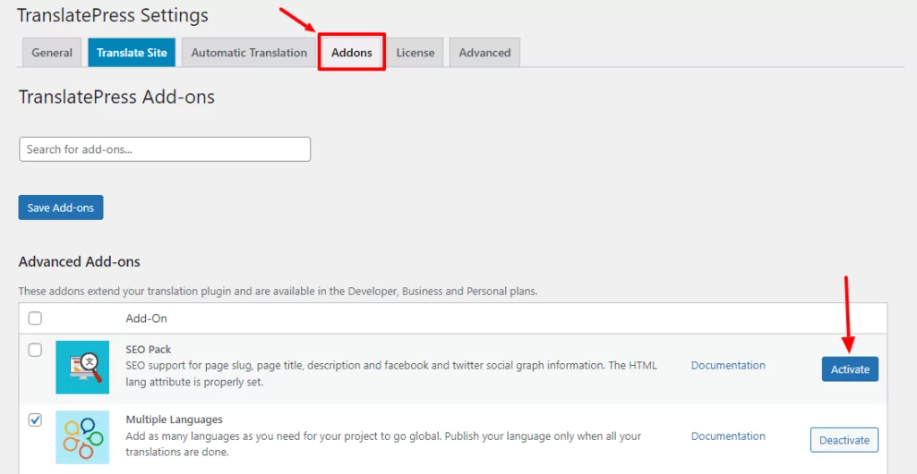 aktifkan addon seo terjemahanpress