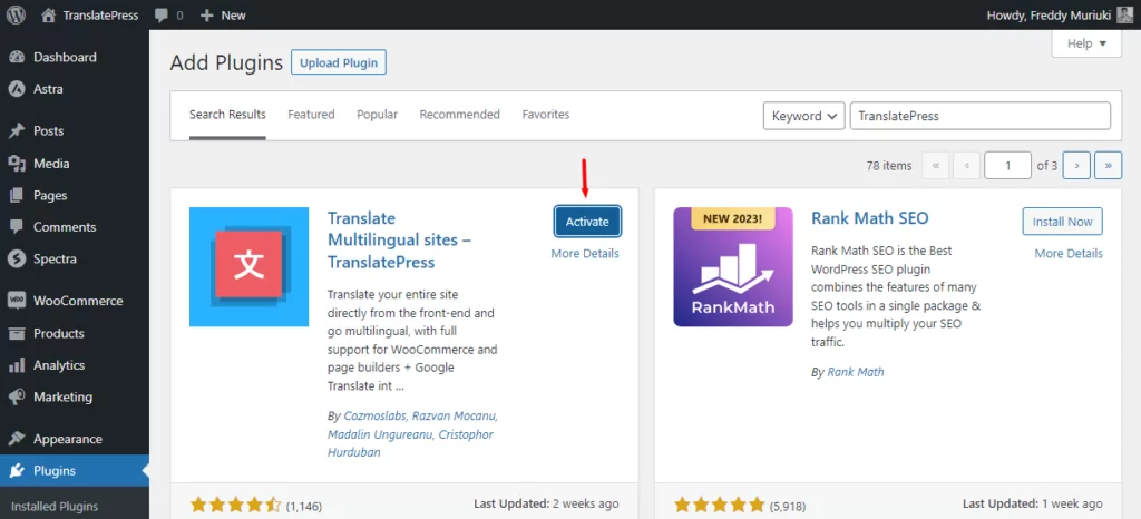 aktifkan plugin terjemahanpress