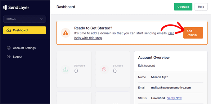 Clique no botão Adicionar domínio Click Add Domain button