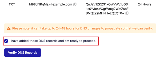 Clique no botão Verificar registros DNS Click the Verify DNS Records button