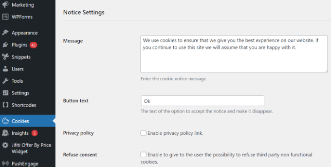 Editar mensagem de aviso de cookie Edit cookie notice message