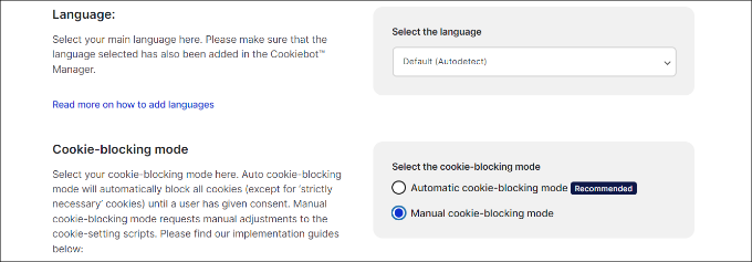 Selecione as configurações de idioma e bloqueio de cookies Select language and cookie blocking settings