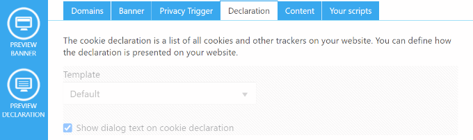 Configurações de declaração no Cookiebot Declaration settings in Cookiebot
