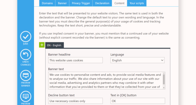 Editar o conteúdo do aviso de cookies Edit content of cookie notice