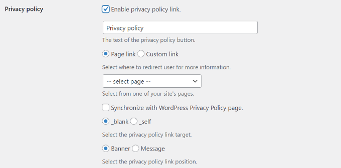 Ativar link da política de privacidade Enable privacy policy link