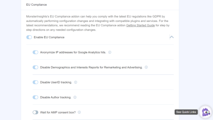 Ver configurações de conformidade View EU compliance settings in MonsterInsights