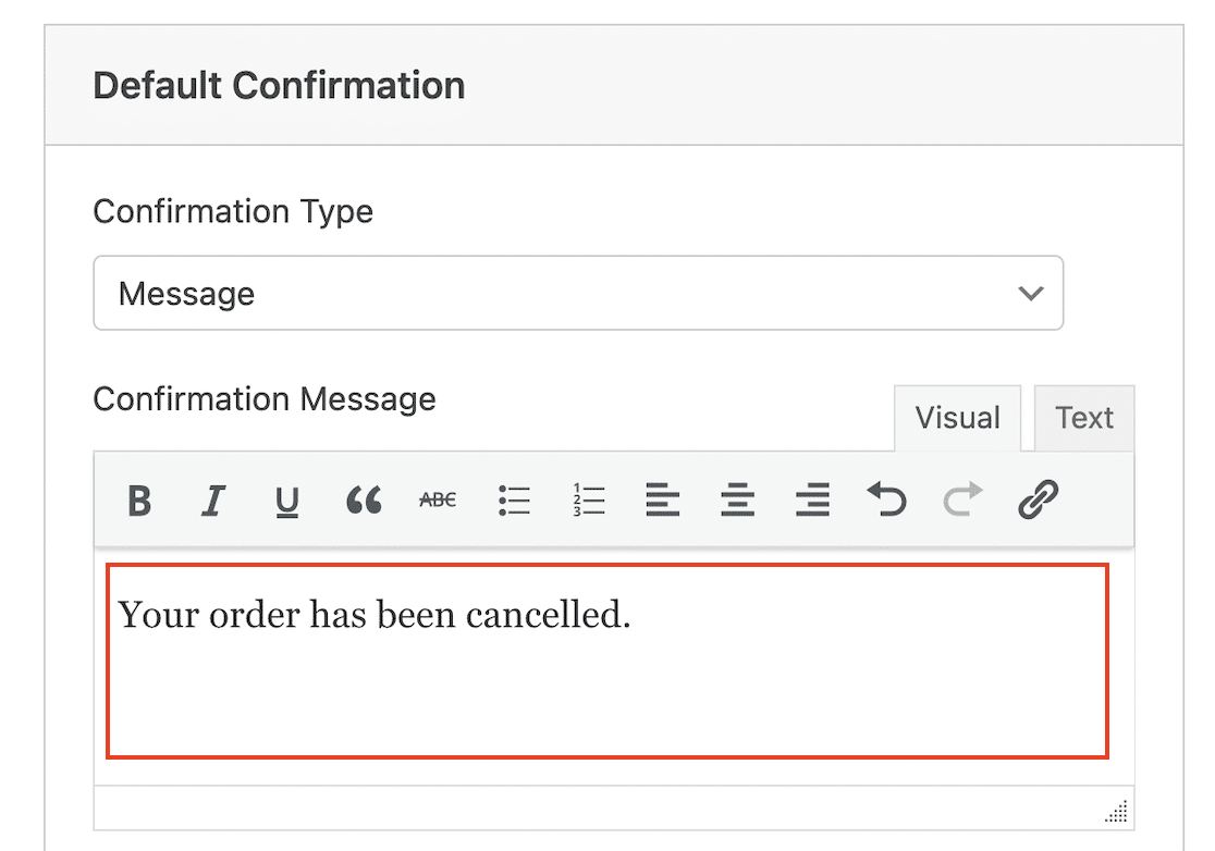 Order cancelled confirmation message