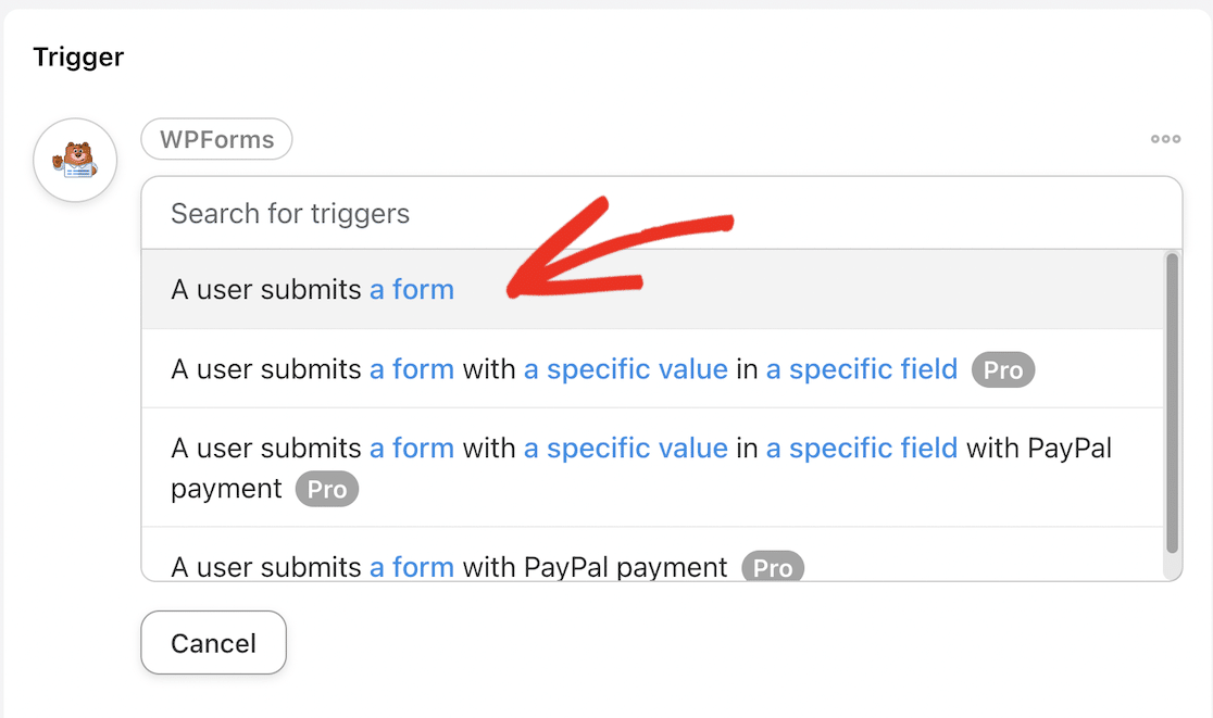 Choose "User submits a form" as the trigger