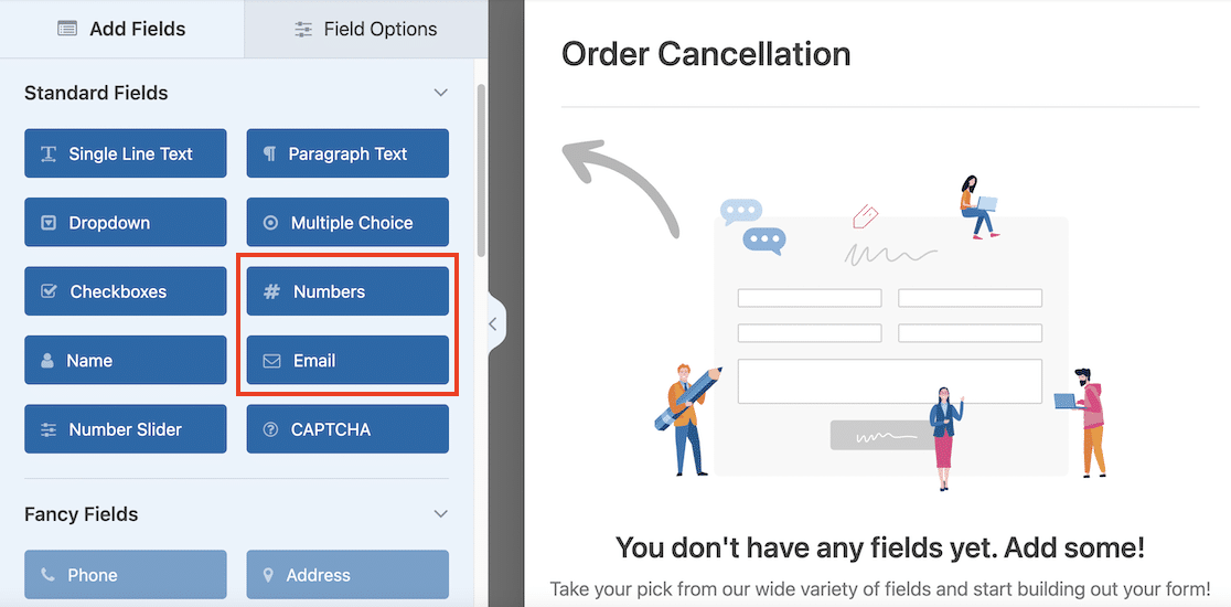 Add an email field and a numbers field to your form in the form builder