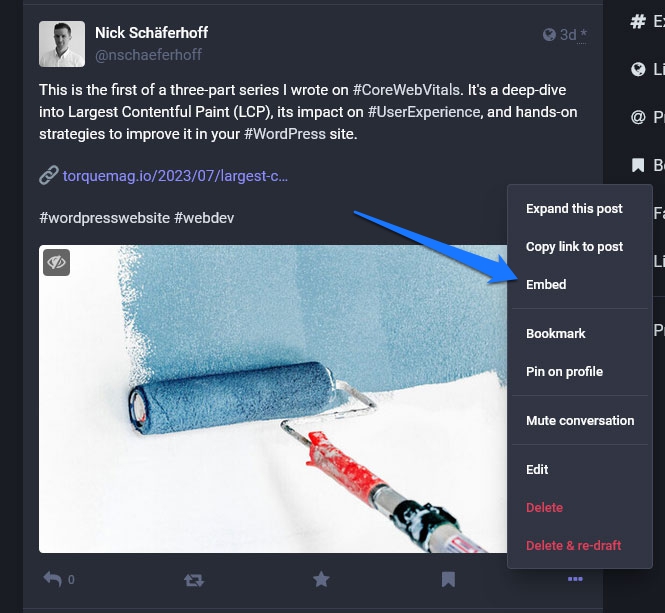 Mastodon 게시물 삽입 코드에 액세스하세요.