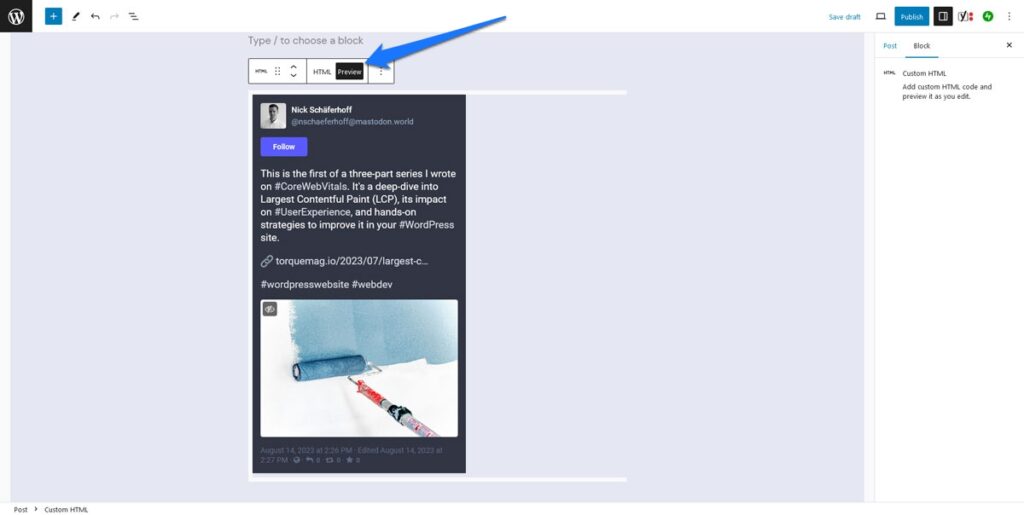 WordPress 편집기에 Mastodon 삽입 미리보기