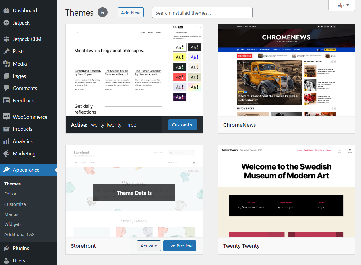 переключение тем WordPress