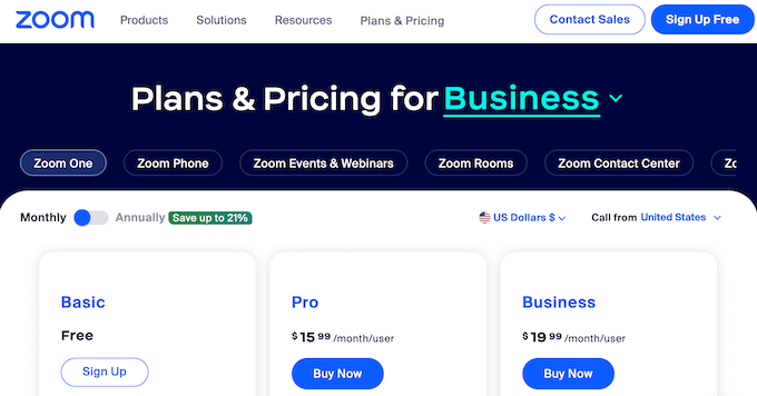 Halaman harga konferensi video zoom The zoom video conferencing pricing page