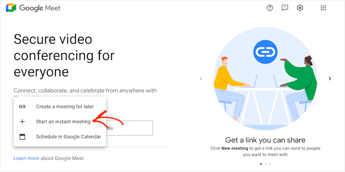 Membuat rapat video online Google Meet baru Creating a new Google Meet online video meeting
