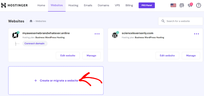 คลิกสร้างหรือย้ายเว็บไซต์ Click create or migrate a website