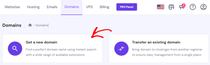 คลิกตัวเลือกรับโดเมนใหม่ Click the get a new domain option