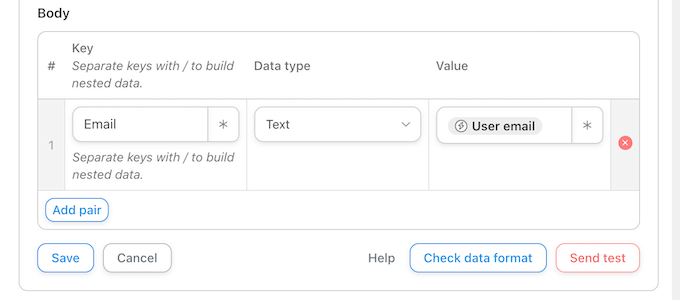 Agregar pares clave/valor adicionales a un flujo de trabajo de Uncanny Automator Adding additional key/value pairs to an Uncanny Automator workflow