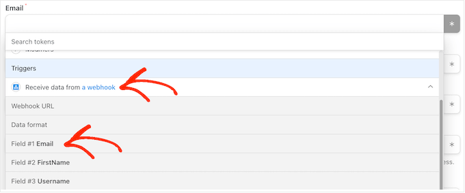 Asignación de datos de usuario a un webhook Mapping user data to a webhook