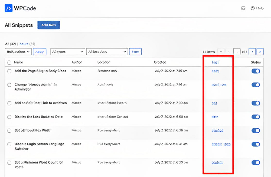 Managing snippets WPcode