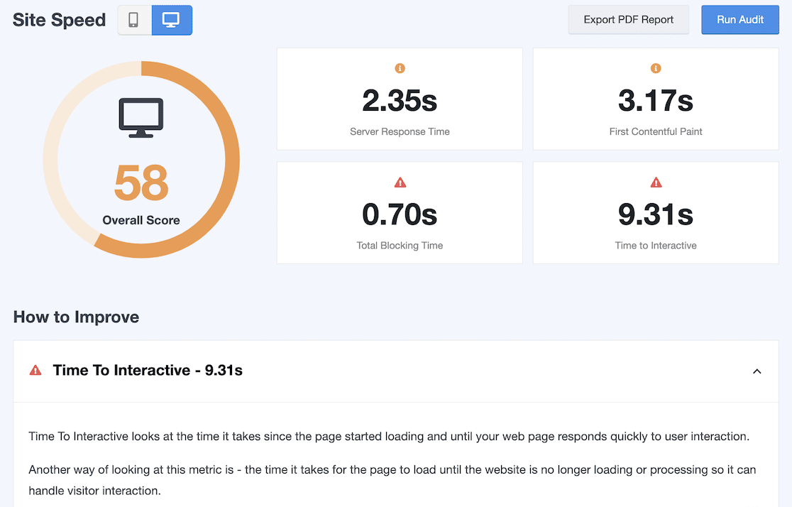 MonsterInsights Speed Report