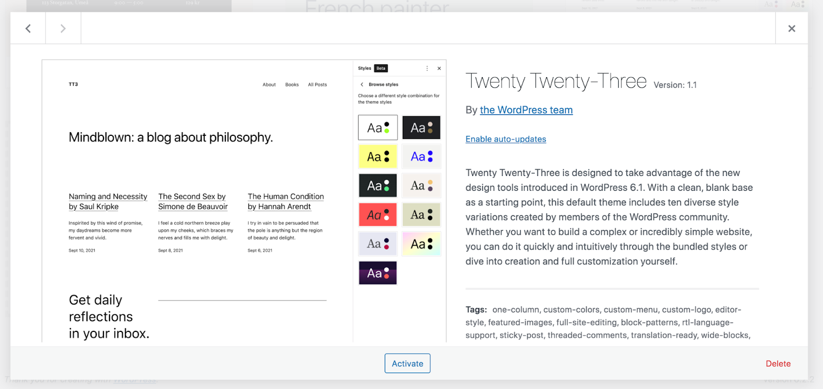 WordPress Twenty Twenty-Three-Theme. Klicken Sie zum Aktivieren.