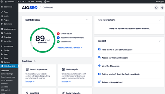 Il dashboard delle impostazioni di AIOSEO