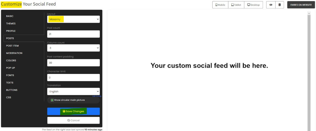 Impostazioni personalizzate del feed social in SociableKIT