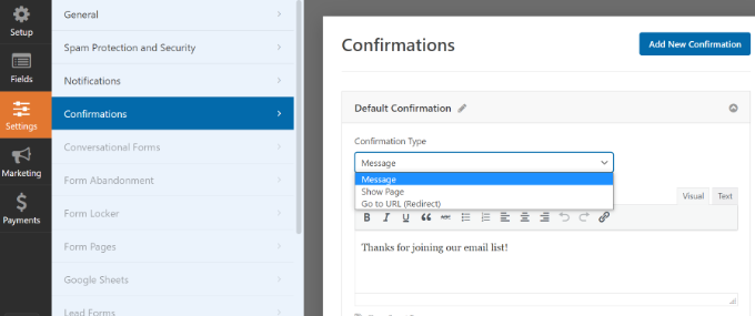 Formulaire de paramètres de confirmation Confirmation settings form