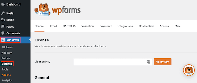 Ajout d'une clé de licence au plugin de création de formulaires WPForms Adding a license key to the WPForms form builder plugin