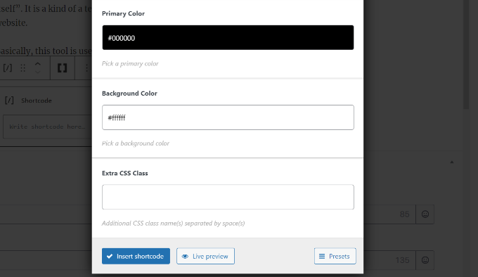 Cliquez sur insérer un shortcode Click insert shortcode