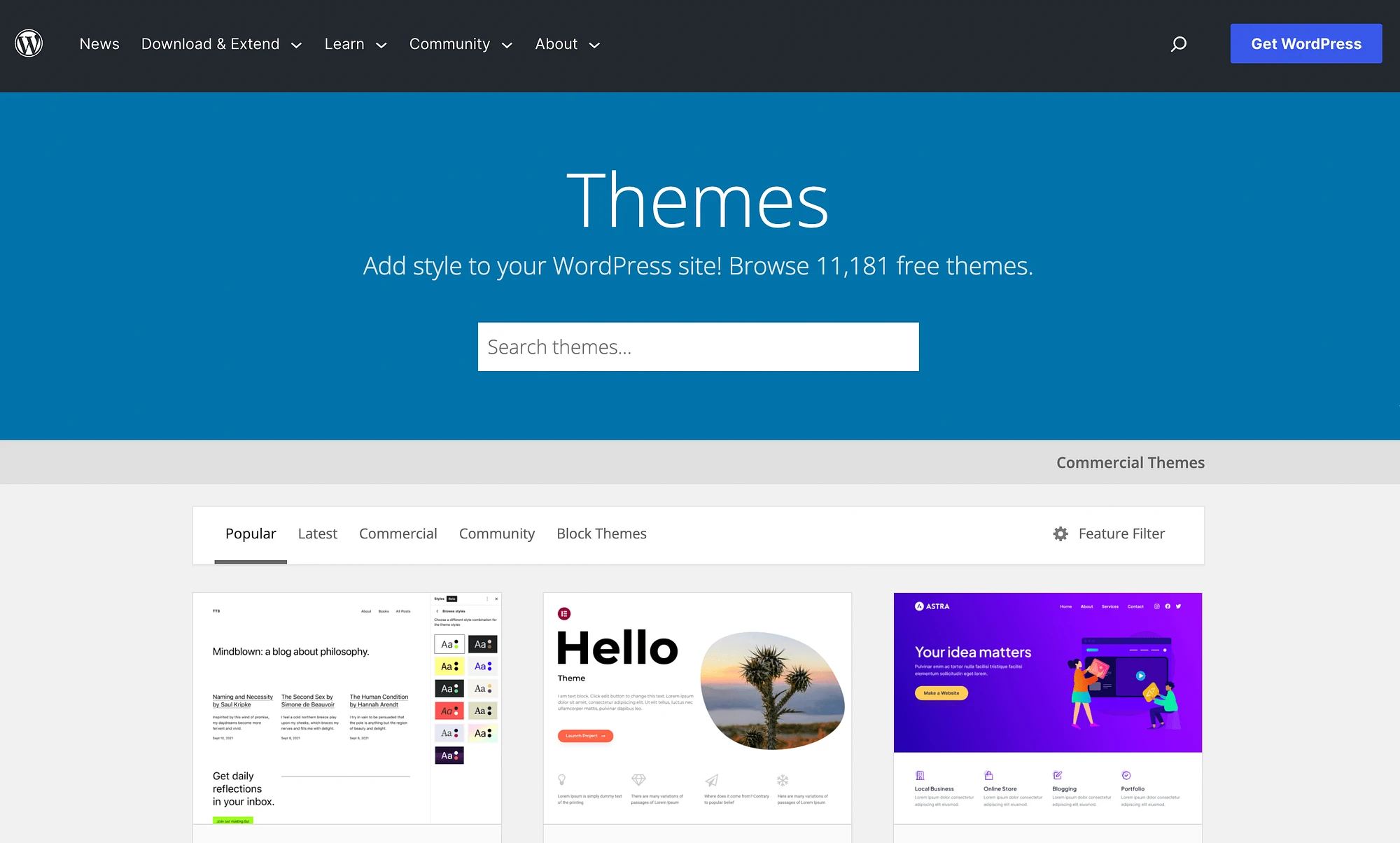 El directorio de temas de WordPress.