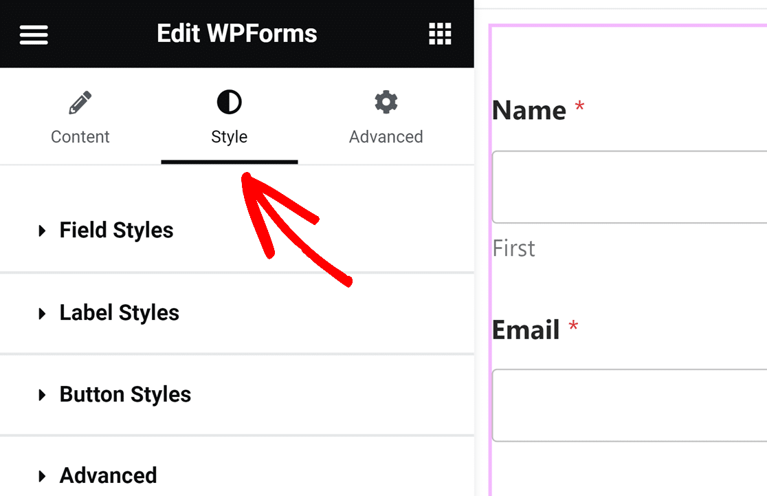 Ouverture des options de style pour le widget WPForms dans Elementor