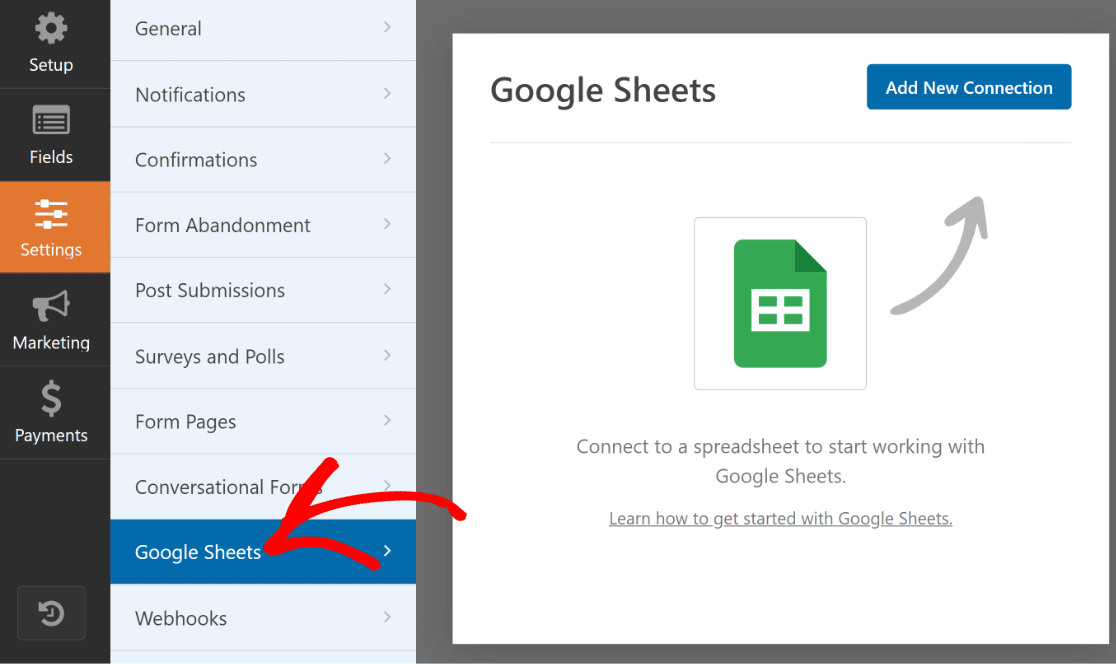 paramètres du module complémentaire Google Sheets