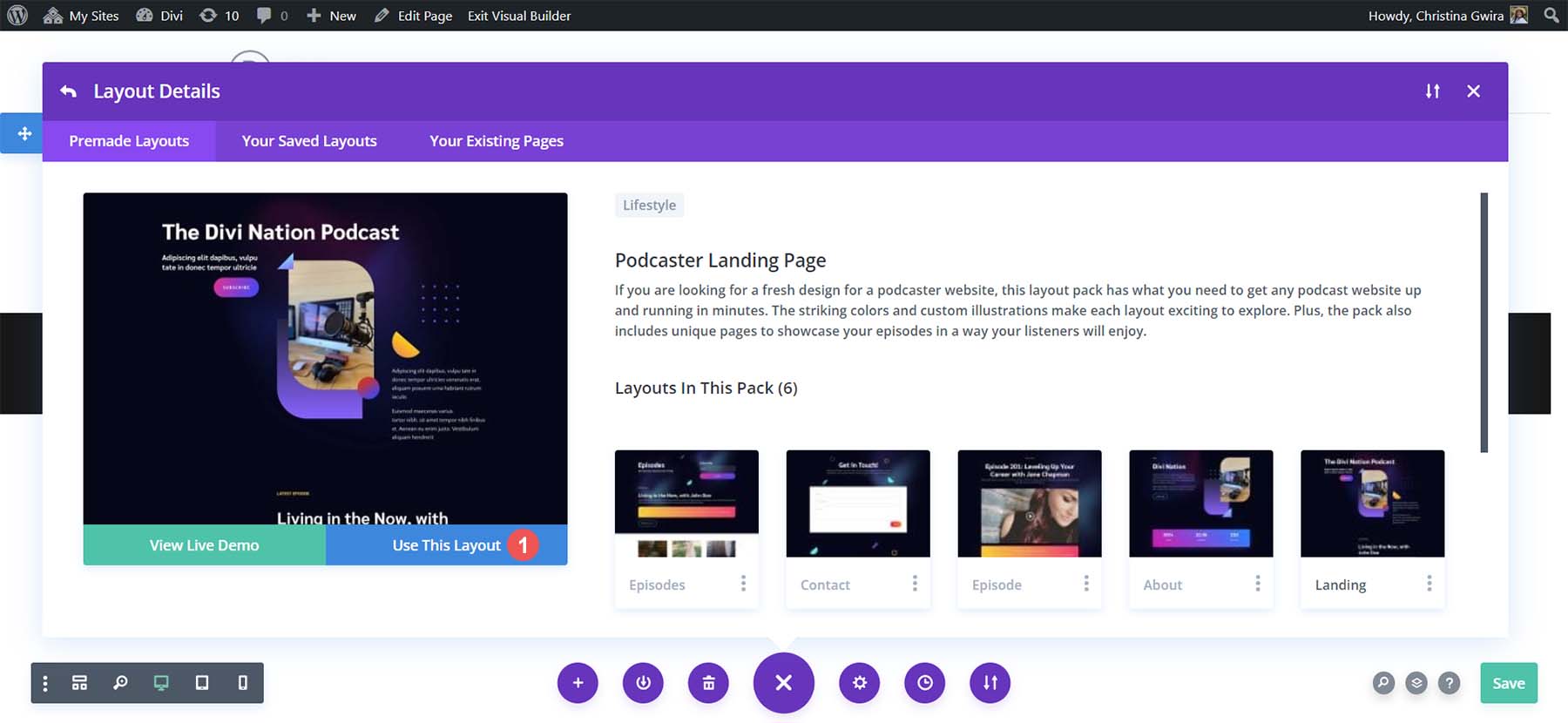Klicken Sie auf Dieses Layout verwenden, um das Landingpage-Layout zu installieren