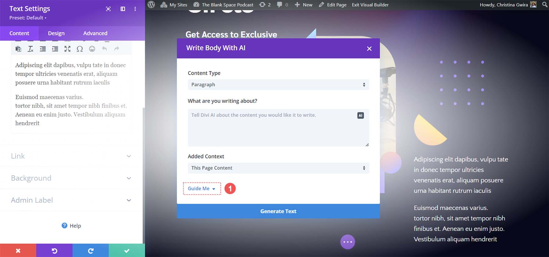 Aktiviere „Guide Me“ in Divi AI