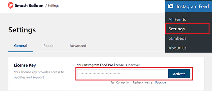 Instagram Feed Pro プラグインのライセンス キーをアクティブ化する Activate the Instagram Feed Pro plugin license key