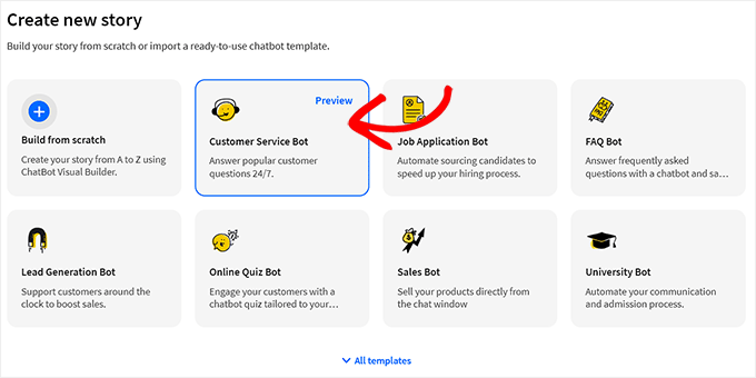 Müşteri hizmetleri bot şablonunu seçin Choose the customer service bot template