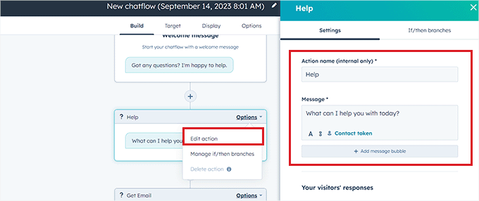 chatbot eylem ayarlarını yapılandırma configure chatbot action settings
