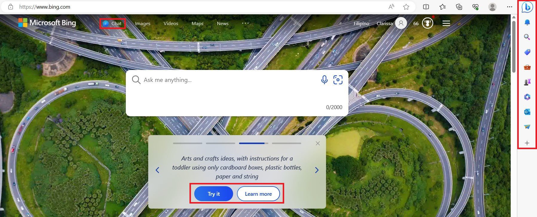 Interfaz de usuario de IA de Bing