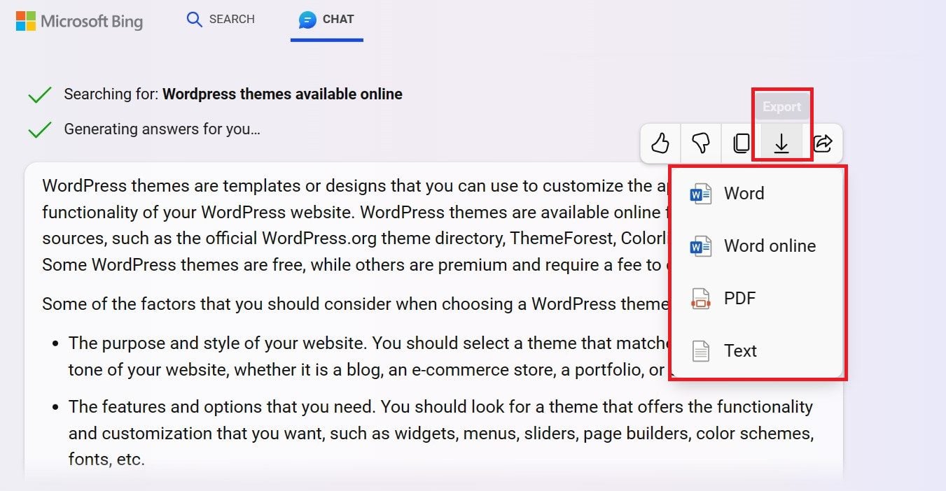 Bing exporta el resultado a Word, PDF o texto