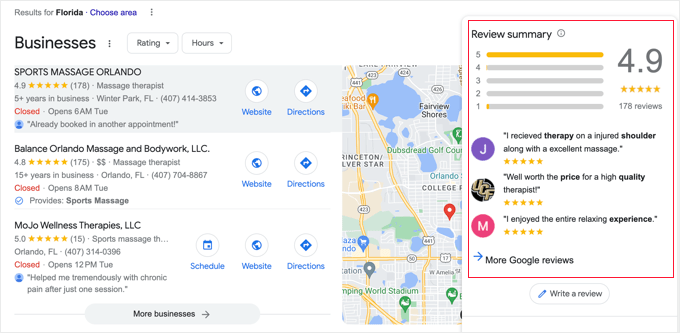Avis Google affichés sur une page de résultats d'un moteur de recherche Google Reviews Shown on a Search Engine Results Page