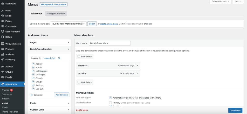 这是使用 BuddyPress 的 buddypres 社交网站菜单的屏幕截图