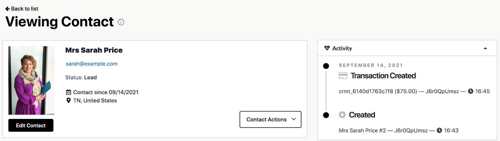 página de contato no Jetpack CRM