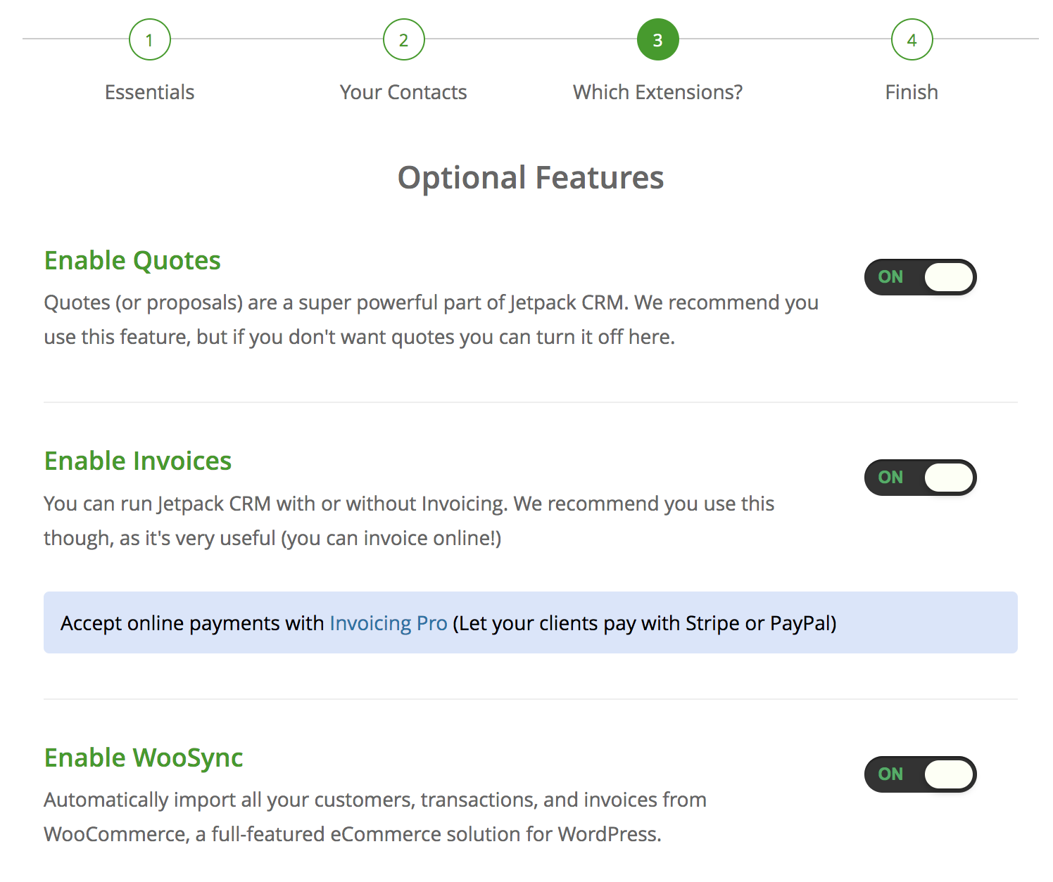 recursos opcionais no Jetpack CRM