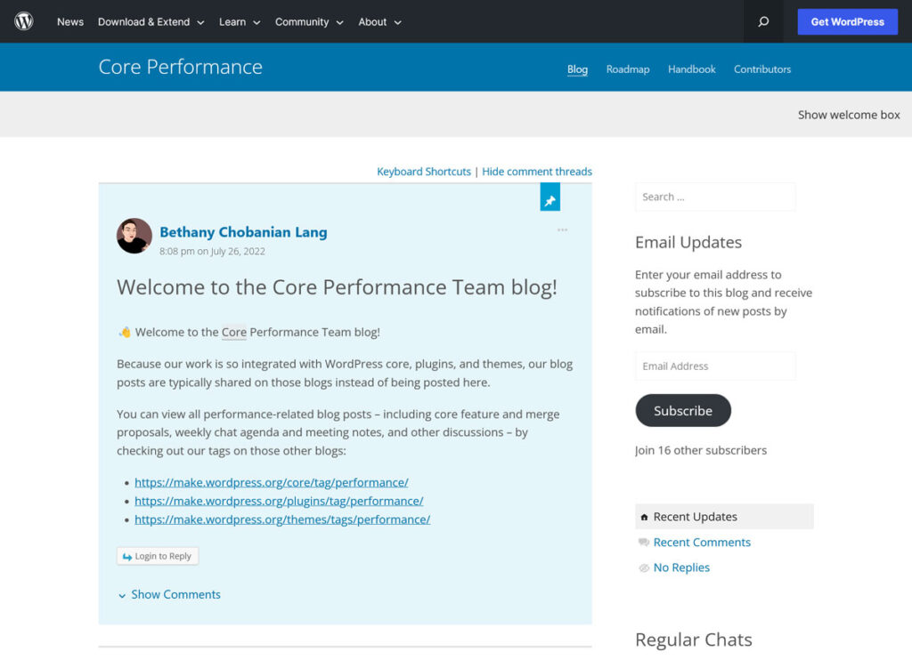 Blog del team WordPress Core Performance su come creare WordPress