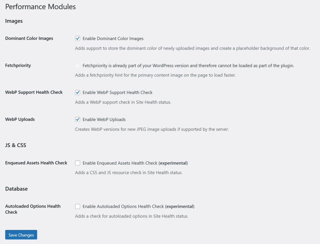 Menu e moduli del plugin Performance Lab