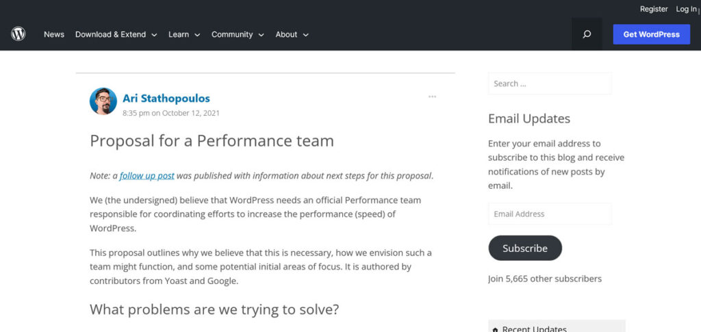 Proposta originale del core performance team di WordPress