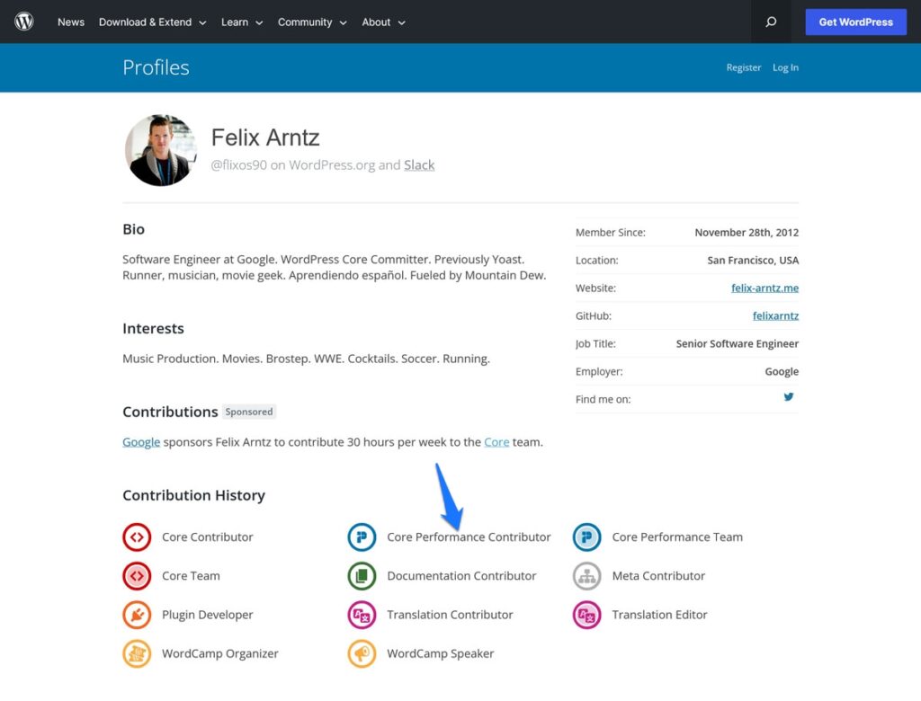 Badge per collaboratore del team WordPress Core Performance