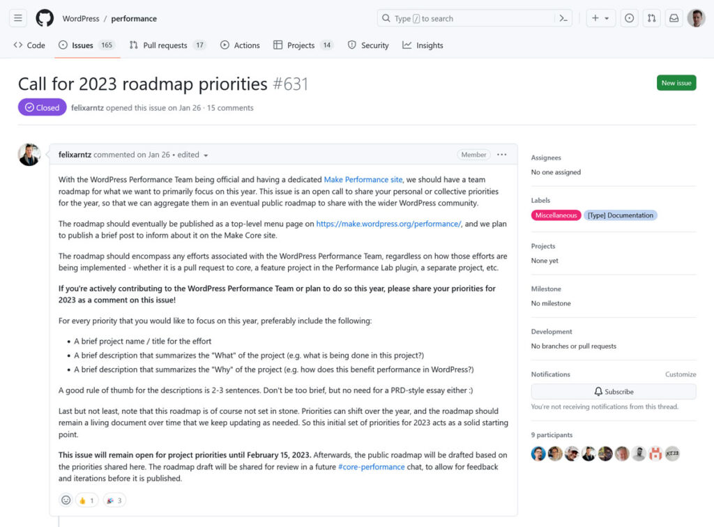 Il team core performance di WordPress richiede priorità su Github