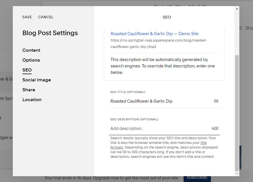 Pengaturan SEO Posting Squarespace